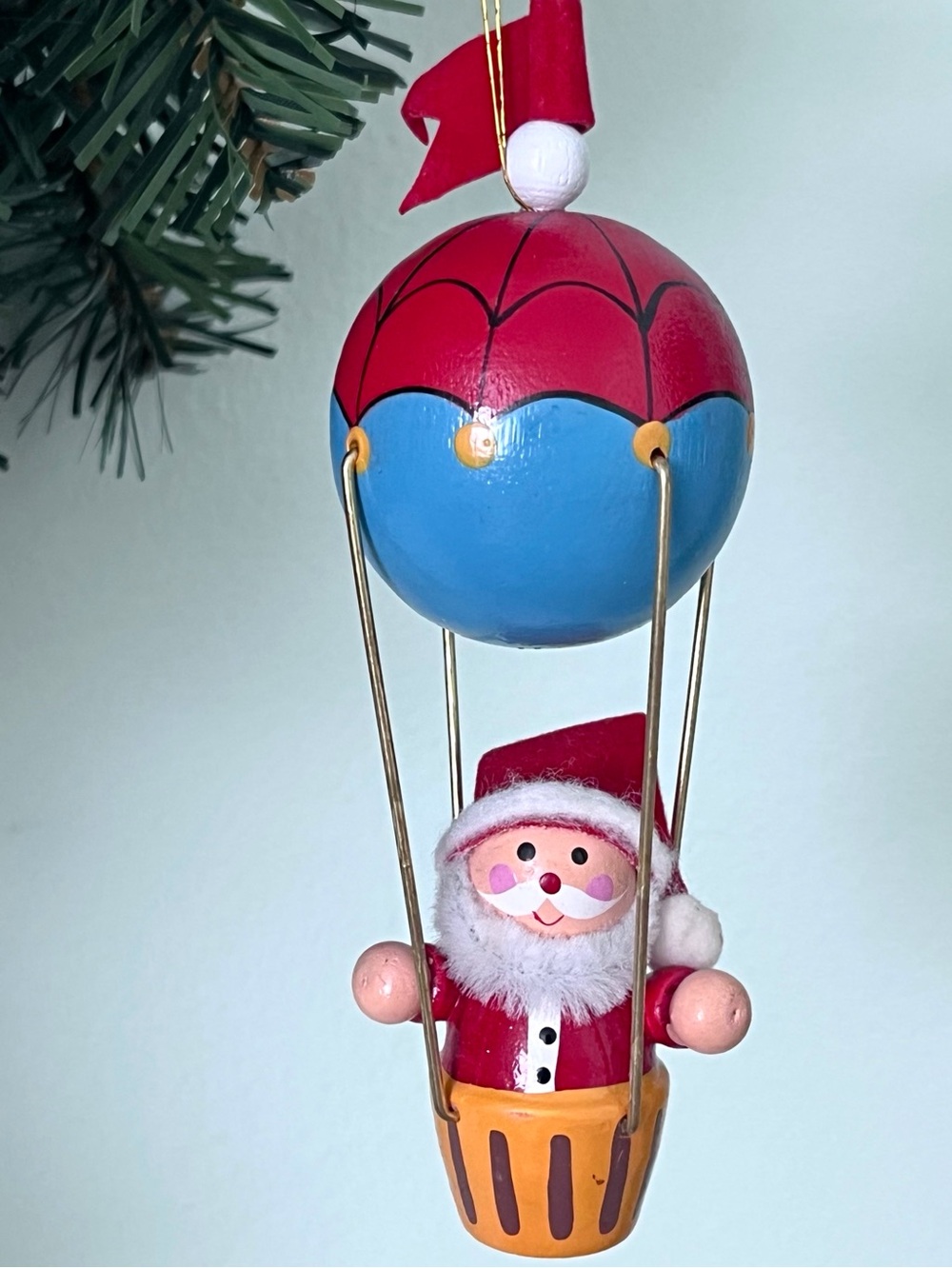 Vintage Santa Hot Air Balloon Ornament Hand-Painted Wood